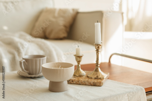 Close-up of a stylish living room with a coffee table and a comfortable sofa with a blanket and cushion