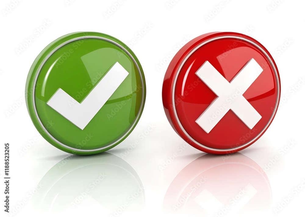 Check mark icon button set. Check box icon with right and wrong buttons and yes or no checkmark icons in green tick box and red cross. Isolated checkmark symbol, right and wrong sign concept.
Check mark icon button set. Check box icon with right and wrong buttons and yes or no checkmark icons in green tick box and red cross. Isolated checkmark symbol, right and wrong sign concept.