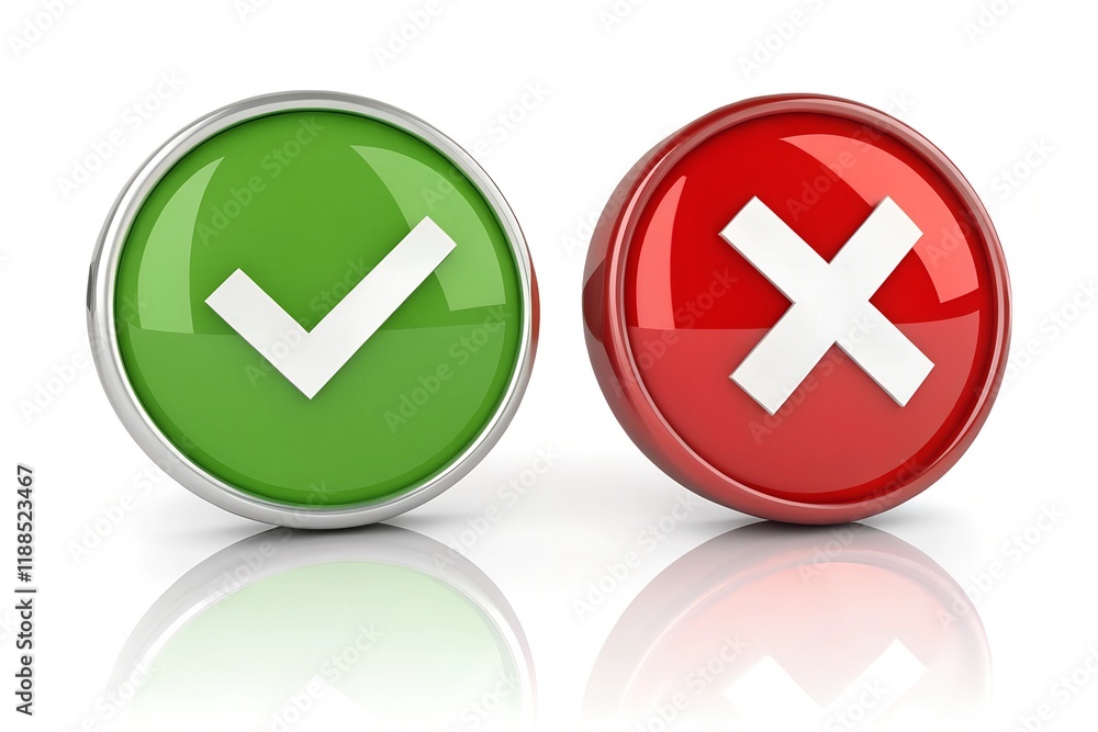 Check mark icon button set. Check box icon with right and wrong buttons and yes or no checkmark icons in green tick box and red cross. Isolated checkmark symbol, right and wrong sign concept.
Check mark icon button set. Check box icon with right and wrong buttons and yes or no checkmark icons in green tick box and red cross. Isolated checkmark symbol, right and wrong sign concept.