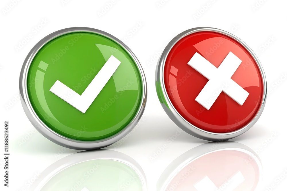 Check mark icon button set. Check box icon with right and wrong buttons and yes or no checkmark icons in green tick box and red cross. Isolated checkmark symbol, right and wrong sign concept.
Check mark icon button set. Check box icon with right and wrong buttons and yes or no checkmark icons in green tick box and red cross. Isolated checkmark symbol, right and wrong sign concept.