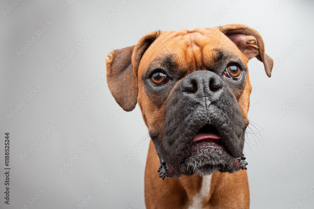 Portrait of a boxer dog sitting in front of a grey background Portrait of a boxer dog sitting in front of a grey background