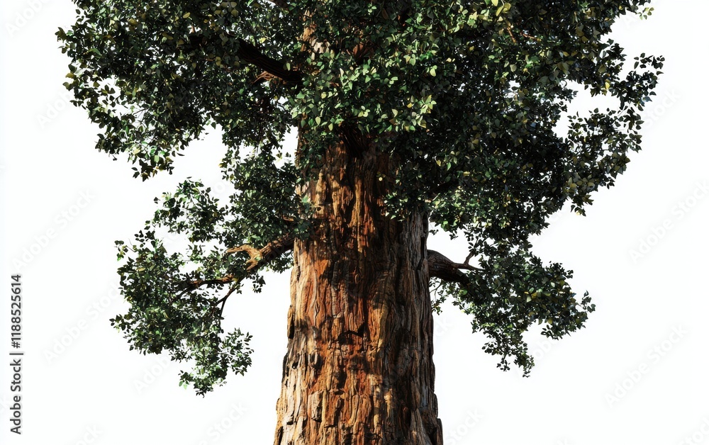 Fototapeta premium A towering redwood tree with a textured bark and leafy crown against a white backdrop