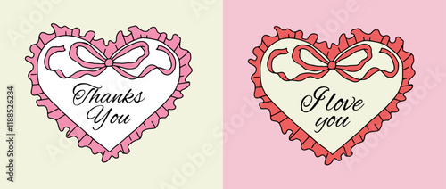 Set of outline scallop frame border with phrase in vintage doodle style. Retro frame with wavy border and bow. Hand drawn heart shape in doodle ink style