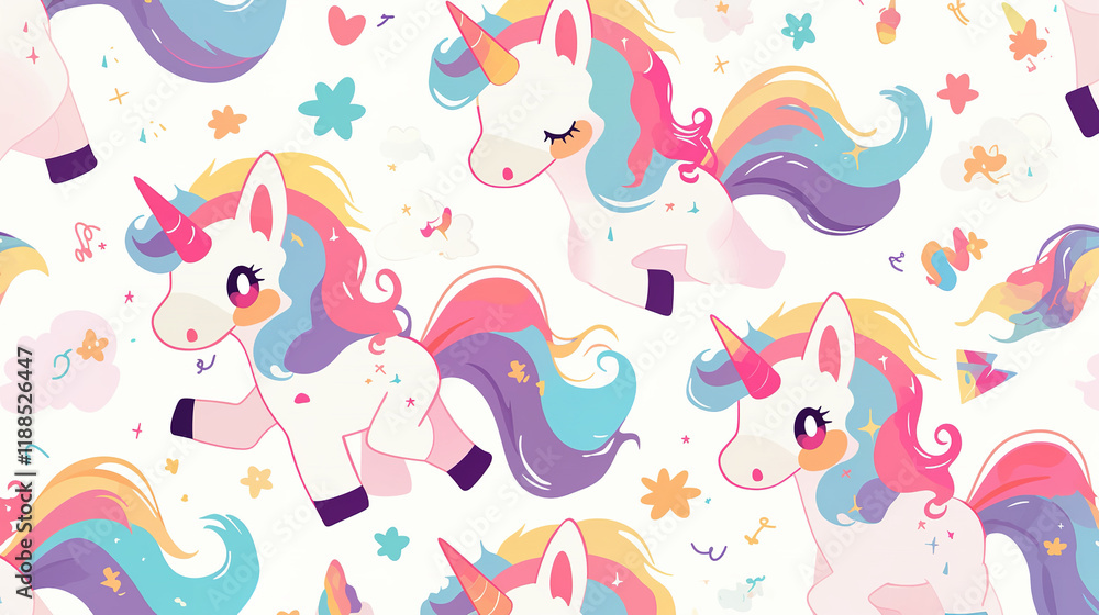The image is a colorful, whimsical pattern featuring unicorn illustrations with vibrant, multicolored manes and tails set against a white background