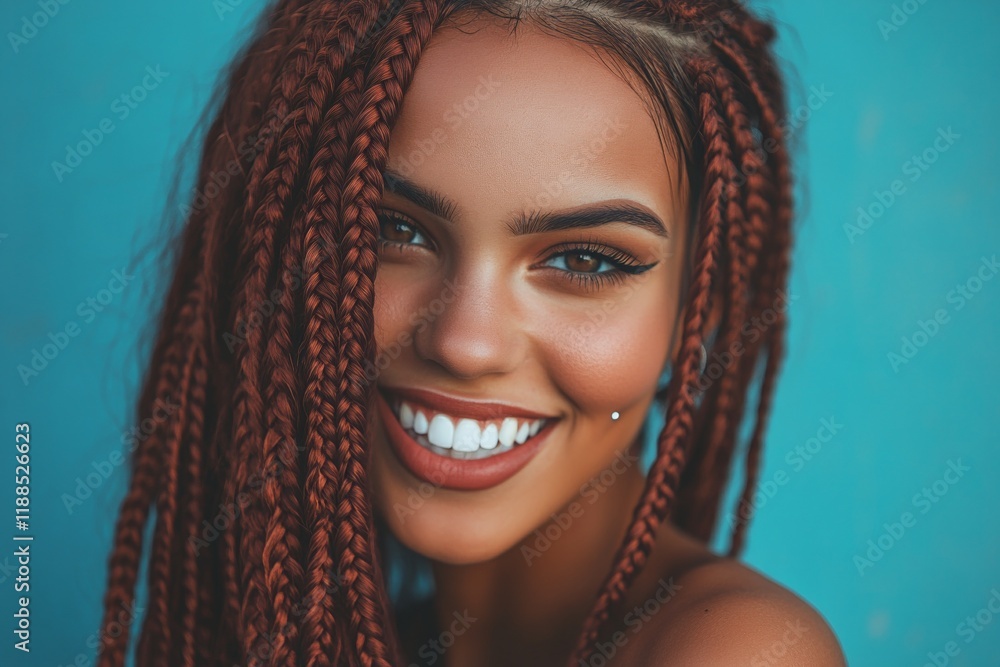 Long coiffure - braids hair. Stunning smiling mixed-race girl - for ads, billboard and social media use. Commercial digital ads drawing image. African model hair inspiration. Black woman model. Long coiffure - braids hair. Stunning smiling mixed-race girl - for ads, billboard and social media use. Commercial digital ads drawing image. African model hair inspiration. Black woman model.