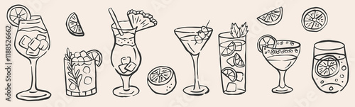 Cocktails alcoholic martini, aperol spritz in ink doodle style. Hand drawn collection of drink. Italian style wedding dinner icons.