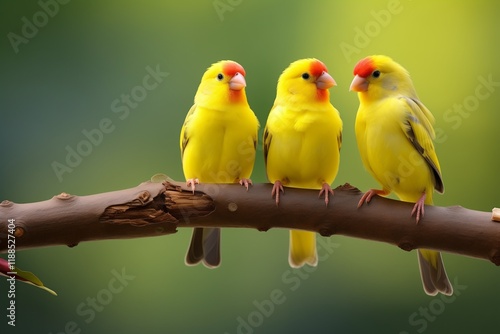 Bright yellow and red birds sitting on a branch with a soft green backdrop.