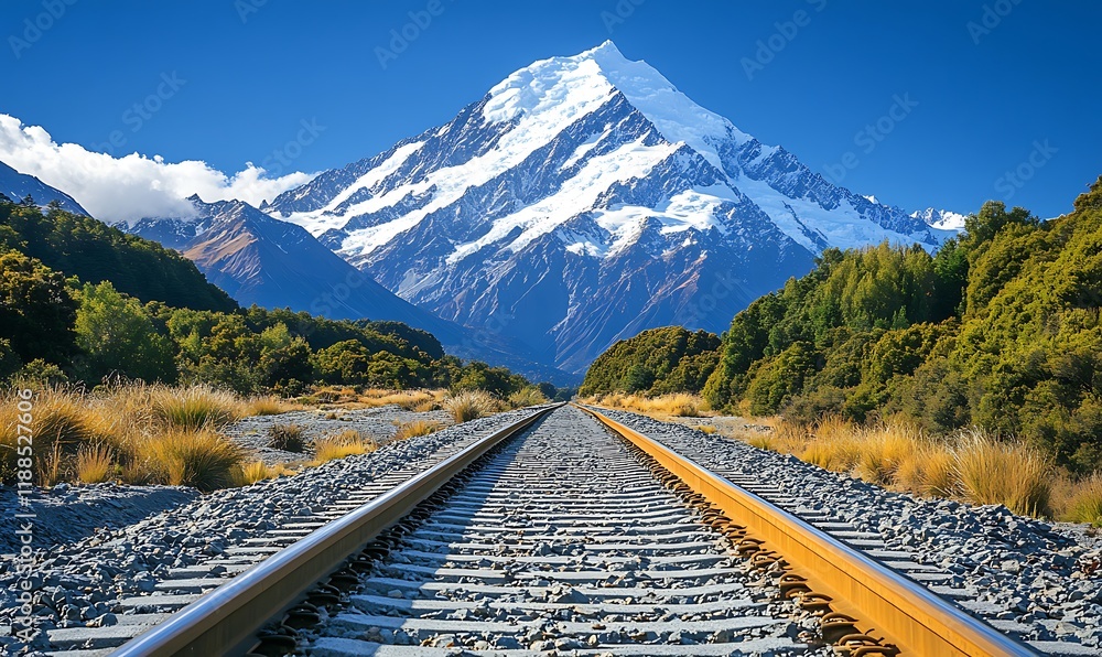 Fototapeta premium Majestic Mountain Peak Viewed from Railroad Tracks