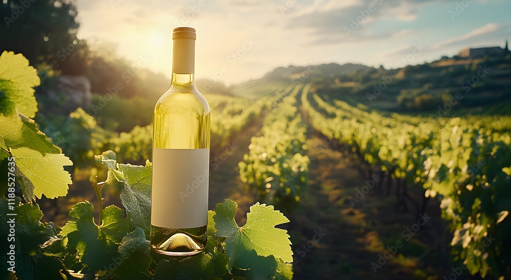 Fototapeta premium A white wine glass bottle in a vineyard, representing the role of grapes and wine production. Behind the bottle are green leaves and rolling hills. A white wine bottle mockup concept.