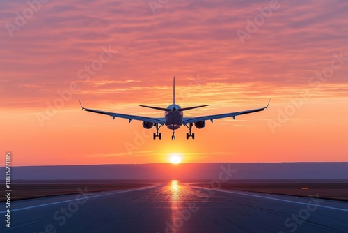 Airplane landing at sunset. Scenic aerial view of plane touching down on runway. Vibrant orange, red sunset sky provides dramatic backdrop to aircraft. Travel concept. Scene evokes sense of