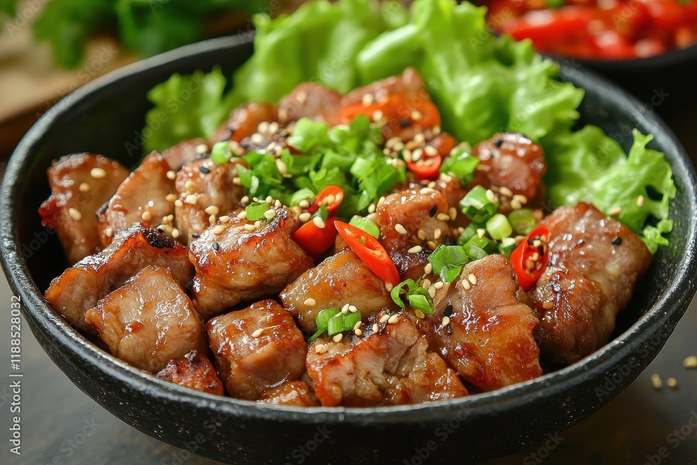 Korean cuisine charcoal marinated beef chili paste pig fatty pork accompaniments garlic greens veggies spices Korean cuisine charcoal marinated beef chili paste pig fatty pork accompaniments garlic greens veggies spices