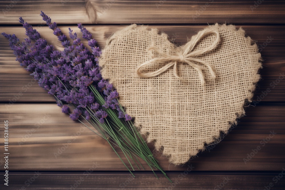 Burlap heart adorned with lavender on a rustic wooden backdrop Burlap heart adorned with lavender on a rustic wooden backdrop