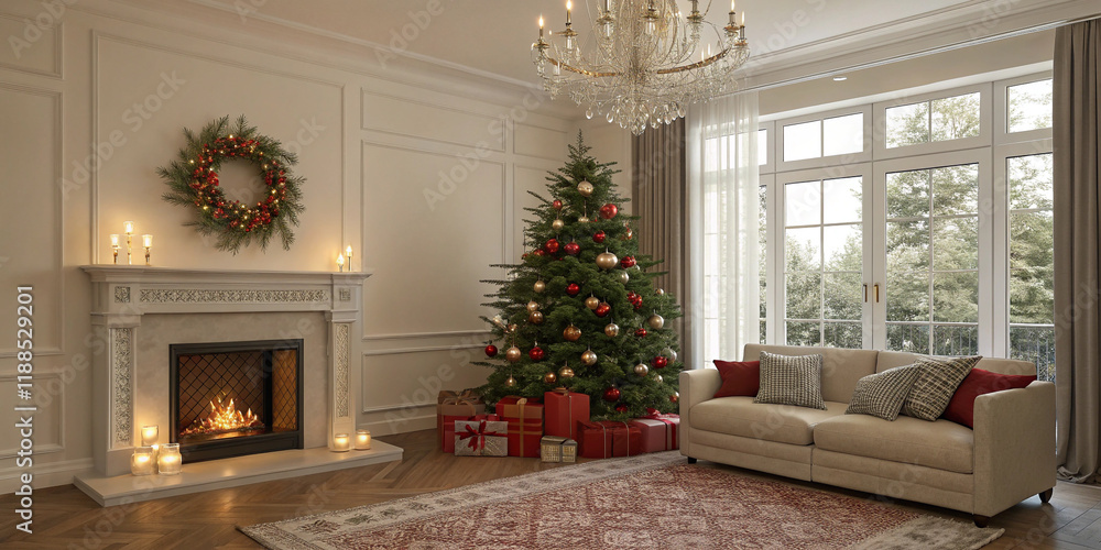 Fototapeta premium A Well-Lit Contemporary Living Room Featuring a Fireplace for Cozy Gatherings