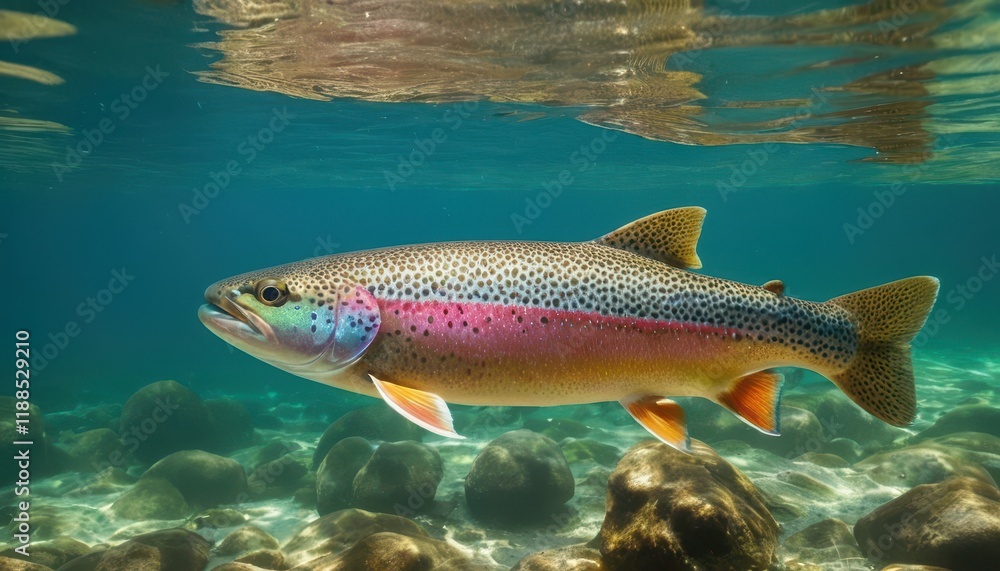 Naklejka premium Vivid close-up of a rainbow trout swimming in crystal-clear water. Its vibrant colors and delicate patterns create a stunning display of underwater beauty