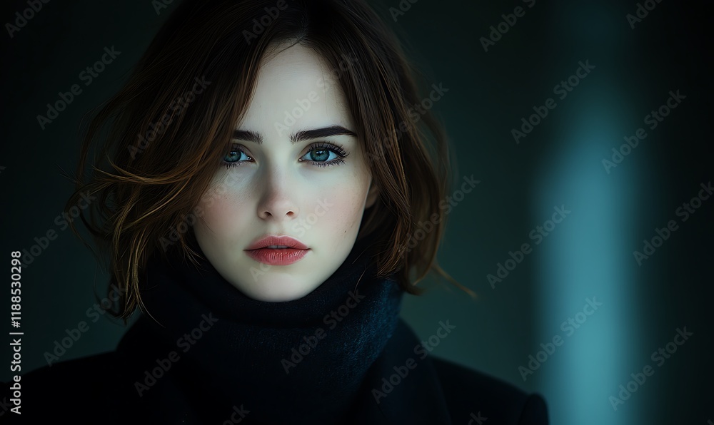 Pensieve young woman with freckles in a moody portrait Pensieve young woman with freckles in a moody portrait