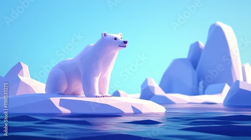 Majestic polar bear standing on a floating ice block in the serene Arctic landscape surrounded by towering icebergs and snow capped mountains photo