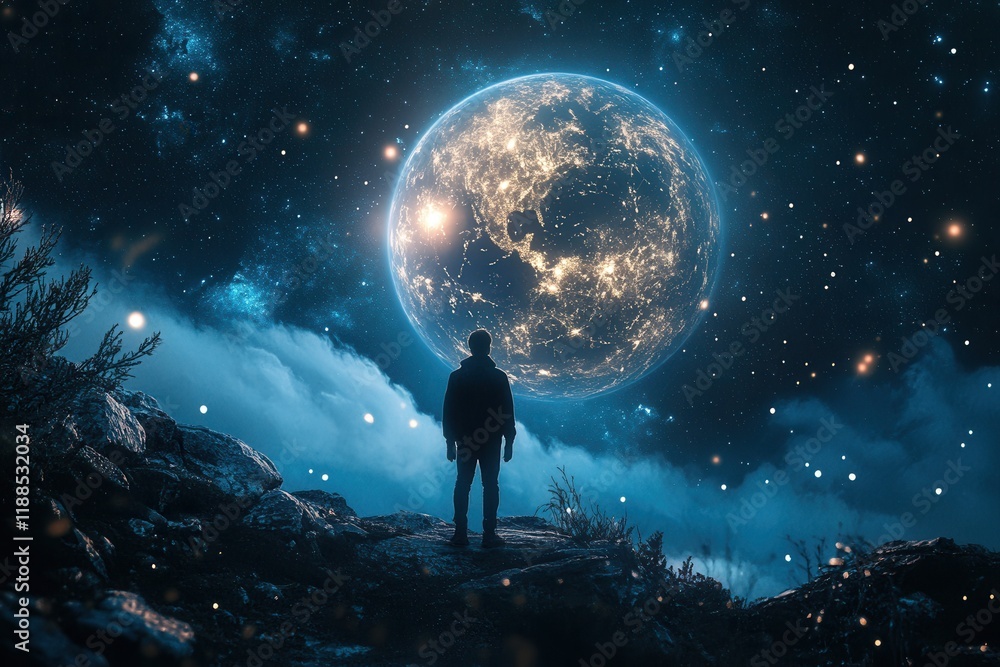 Man watching huge planet earth from a rocky mountain at night time Man watching huge planet earth from a rocky mountain at night time
