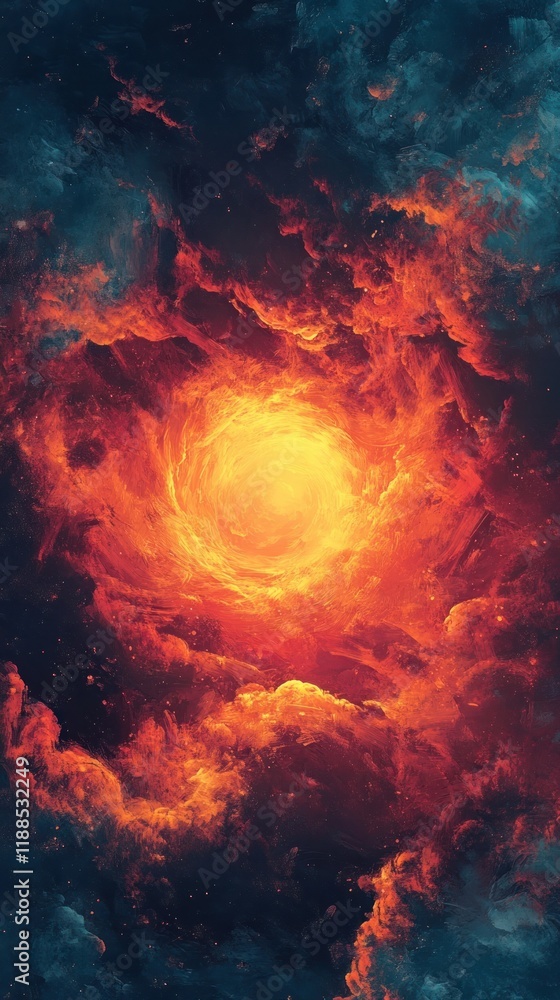 Fototapeta premium Fiery Cosmic Inferno Explosive Galactic Eruption of Scorching Magma and Incandescent Lava Dramatic cosmic scene of a celestial body or nebula consumed by intense flames glowing with radiant energy