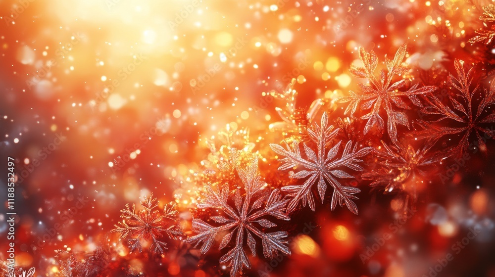 Fototapeta premium Radiant Winter Scene with Sparkling Snowflakes on a Warm Orange Background