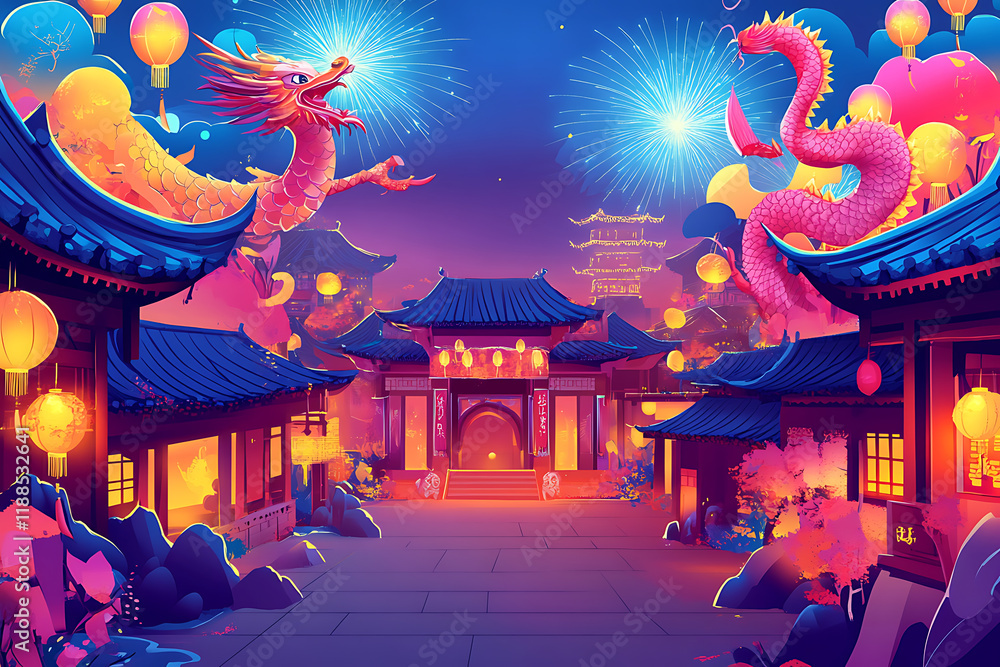 Fototapeta premium Vibrant Chinese New Year Night Scene with Dragons and Fireworks Celebration in Ancient Town