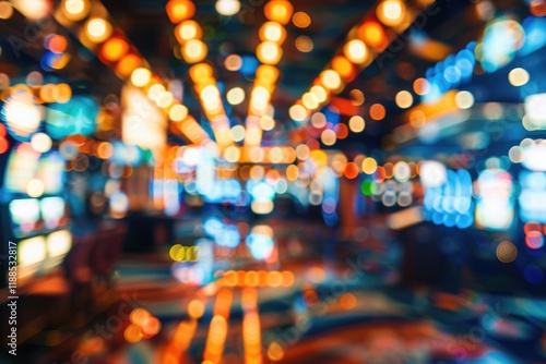 Blurry casino slot machines on cruise ship with bokeh lights.