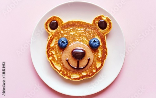 Pancakes shaped like a bear face with blueberries for eyes and chocolate syrup for a nose on a pastel pink background