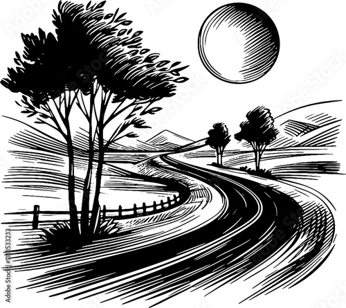 Scenic Countryside Road with Trees and Moon in Woodcut Style