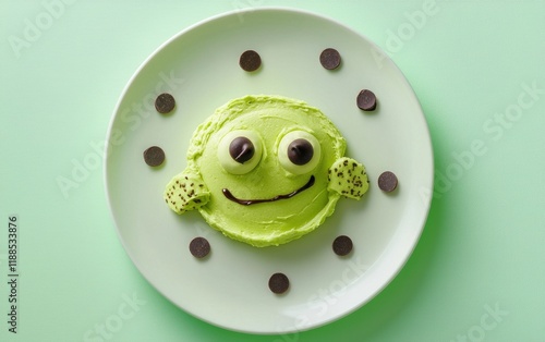 A dessert plate with a turtle face made from green tea mousse and chocolate chips on a pastel lime green backdrop photo