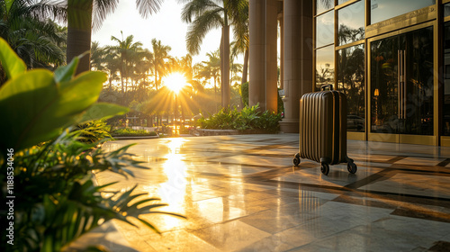 The lustrous brass finish of a luggage caddy glistens in the setting sun as it graces the entrance of a magnificent resort hotel, surrounded by detailed stonework and tropical plan photo