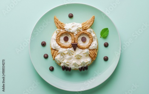 A dessert plate with an owl face made from cookies, cream, and chocolate chips on a pastel mint green backdrop photo