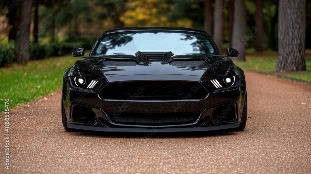 A black mustang parked on the side of a road A black mustang parked on the side of a road