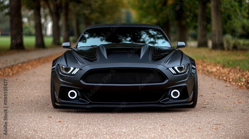 A black sports car parked on the side of a road A black sports car parked on the side of a road