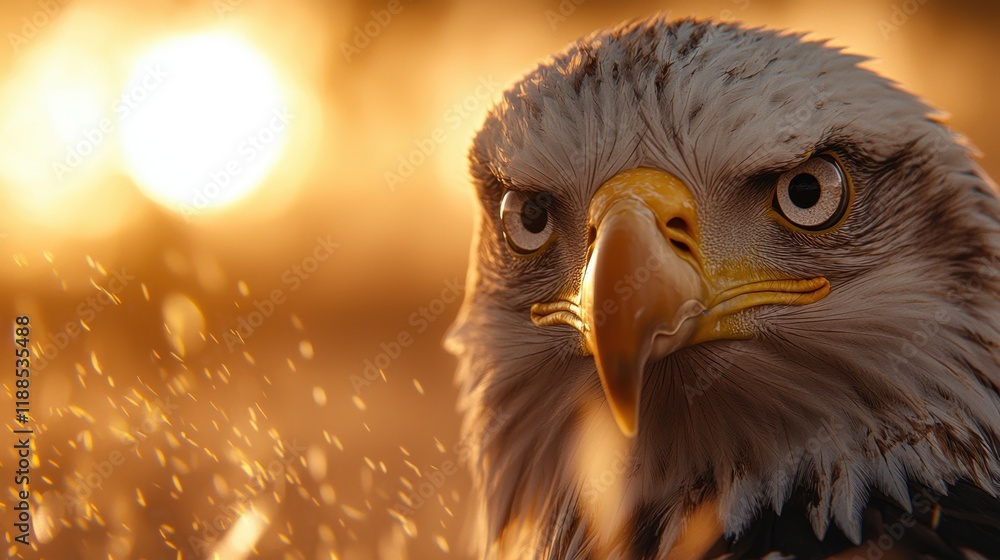 Fototapeta premium A close up of an eagle's head with the sun setting in the background