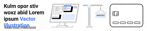 Text on left, web interface on desktop screen, crane importing files, and digital application layout. Ideal for software development, website building, app creation, digital marketing, project