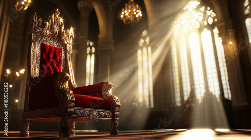 A richly adorned king's throne, featuring lavish crimson upholstery and ornate lion carvings, is the focal point of a grand hall, where sunlight streams through arched windows, hig photo