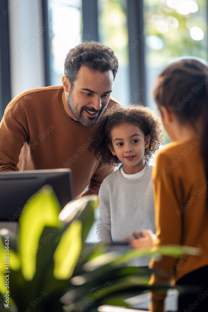 Fototapeta premium A dynamic scene of a banker explaining loan options to a young family in a bright, welcoming office environment.