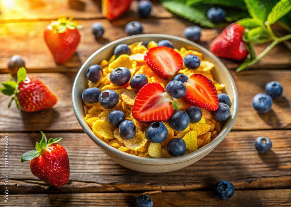 Aerial view: A vibrant breakfast bowl bursts with crunchy cornflakes, juicy blueberries, and sweet strawberries. Aerial view: A vibrant breakfast bowl bursts with crunchy cornflakes, juicy blueberries, and sweet strawberries.