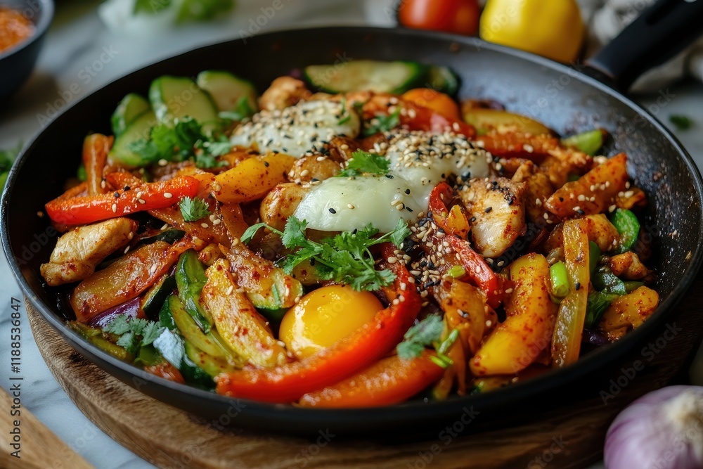 Korean Dak Galbi stir fried chicken and vegetables in spicy Gochujang sauce Korean Dak Galbi stir fried chicken and vegetables in spicy Gochujang sauce