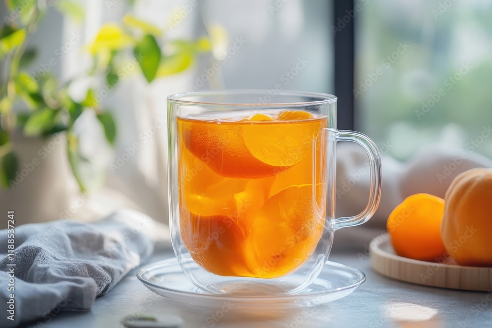 Korean persimmon tea in a transparent cup Side view focused Korean persimmon tea in a transparent cup Side view focused