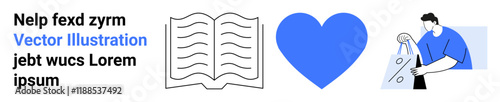 Open book with text lines, large blue heart, and person carrying shopping bags. Ideal for education, literature, love, shopping, retail marketing and community engagement. Landing page