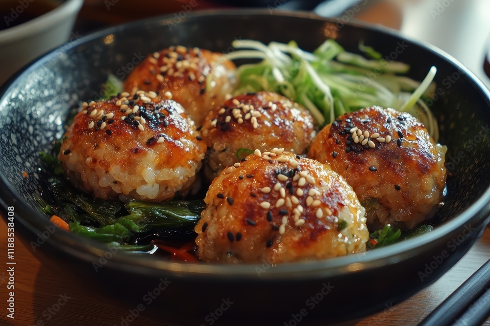 Korean rice balls Jumeokbap with ham sausage sesame and vegetables Korean rice balls Jumeokbap with ham sausage sesame and vegetables