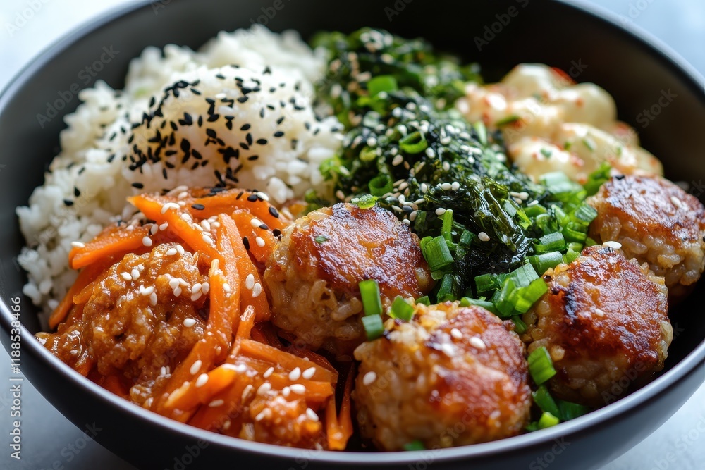 Fototapeta premium Korean rice balls with ham sausage sesame and stir fried carrots accompanied by chicken popcorn