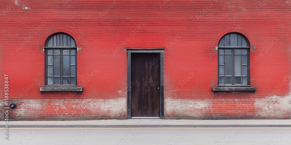 Red brick building facade with two arched windows, wooden door. Urban decay, time passage clearly visible. Weathered brickwork shows vintage style. City street scene. Simple but impactful Red brick building facade with two arched windows, wooden door. Urban decay, time passage clearly visible. Weathered brickwork shows vintage style. City street scene. Simple but impactful