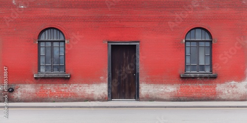 Red brick building facade with two arched windows, wooden door. Urban decay, time passage clearly visible. Weathered brickwork shows vintage style. City street scene. Simple but impactful photo