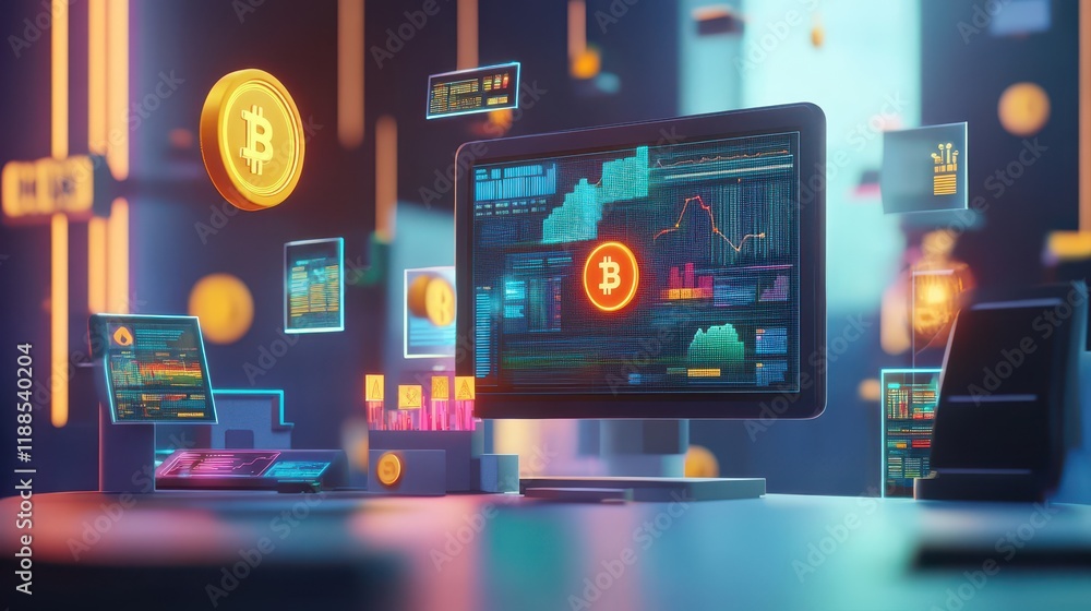 3D visualization of a fintech company analyzing digital finance innovations, with floating 3D charts showing the rise of digital currencies, peer-to-peer lending, and investment platforms in a 3D visualization of a fintech company analyzing digital finance innovations, with floating 3D charts showing the rise of digital currencies, peer-to-peer lending, and investment platforms in a