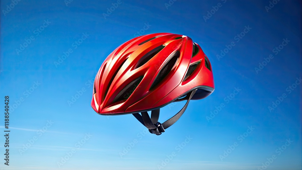 Obraz premium A red cycling helmet floats mid-air, a vibrant splash of color against the sky.