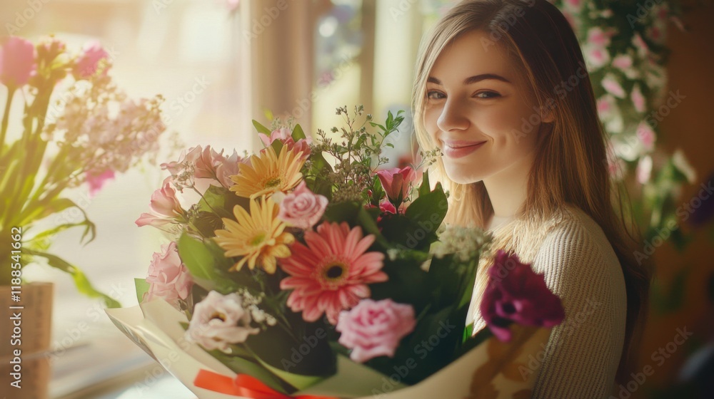 Happy woman holding bouquet of fresh flowers, smiling, receiving surprise gift, birthday, Valentine's Day, romantic gesture, present, delivery service, joyful moment, elegant atmosphere, love. Happy woman holding bouquet of fresh flowers, smiling, receiving surprise gift, birthday, Valentine's Day, romantic gesture, present, delivery service, joyful moment, elegant atmosphere, love.