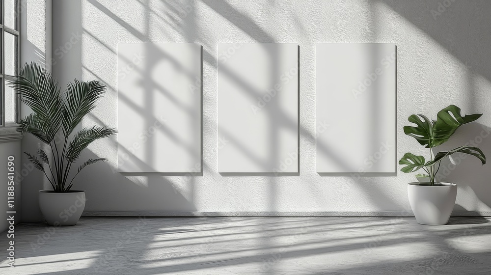 Sunlight streams through the window casting shadows on three blank canvases in a minimalist setting with potted plants Sunlight streams through the window casting shadows on three blank canvases in a minimalist setting with potted plants