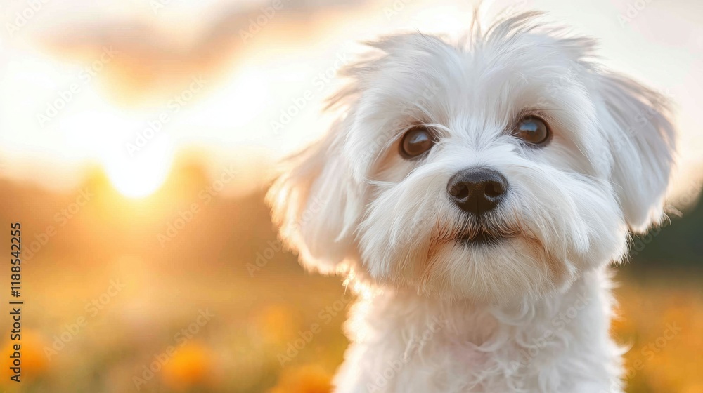 A small white dog sitting in a field of flowers A small white dog sitting in a field of flowers