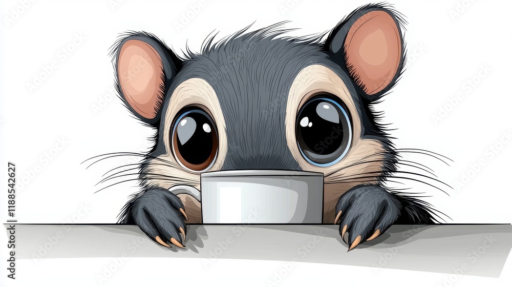 Fototapeta premium A cartoon mouse peeking over a table with a cup of coffee